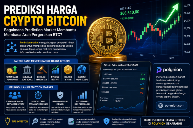 Prediksi harga Bitcoin menggunakan prediction market di Polynion. Pahami faktor yang memengaruhi arah pergerakan crypto BTC.